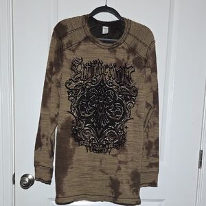 NWT Affliction Men's Reversible Brown Tie-Dye Crewneck with Black Ornate Graphic